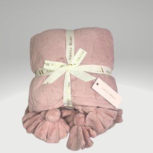 Amelie Home Rose Throw Blanket with Pom Pom Tassels, 50x60 NWT